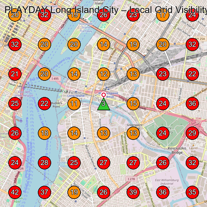 PLAYDAY Long Island City GeoGrid visibility map for Dance School in New York